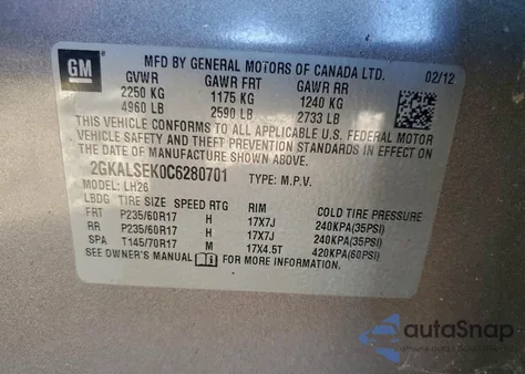 2012 GMC Terrain Sle z USA, uszkodzony, nr VIN 2GKALSEK0C6280701